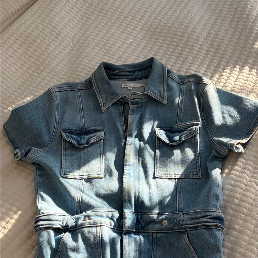 Good American Light Blue Denim Short-Sleeve Overalls